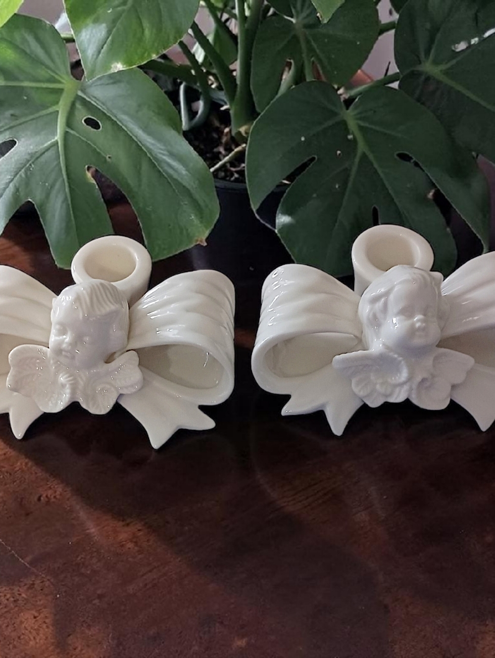2 Cherub Angel Bow Candlestick Holders Vintage Porcelain All‎ White Victorian